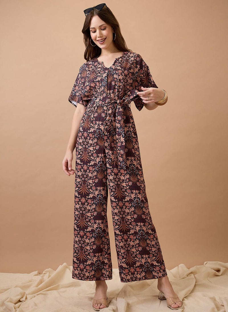 Globus Women Floral Print With V Cut Kimono Sleeves Waist Tie-Up Longline Fusion Jumpsuit - Image 1